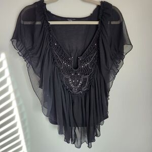 Black Beaded V-Neck Women's Top